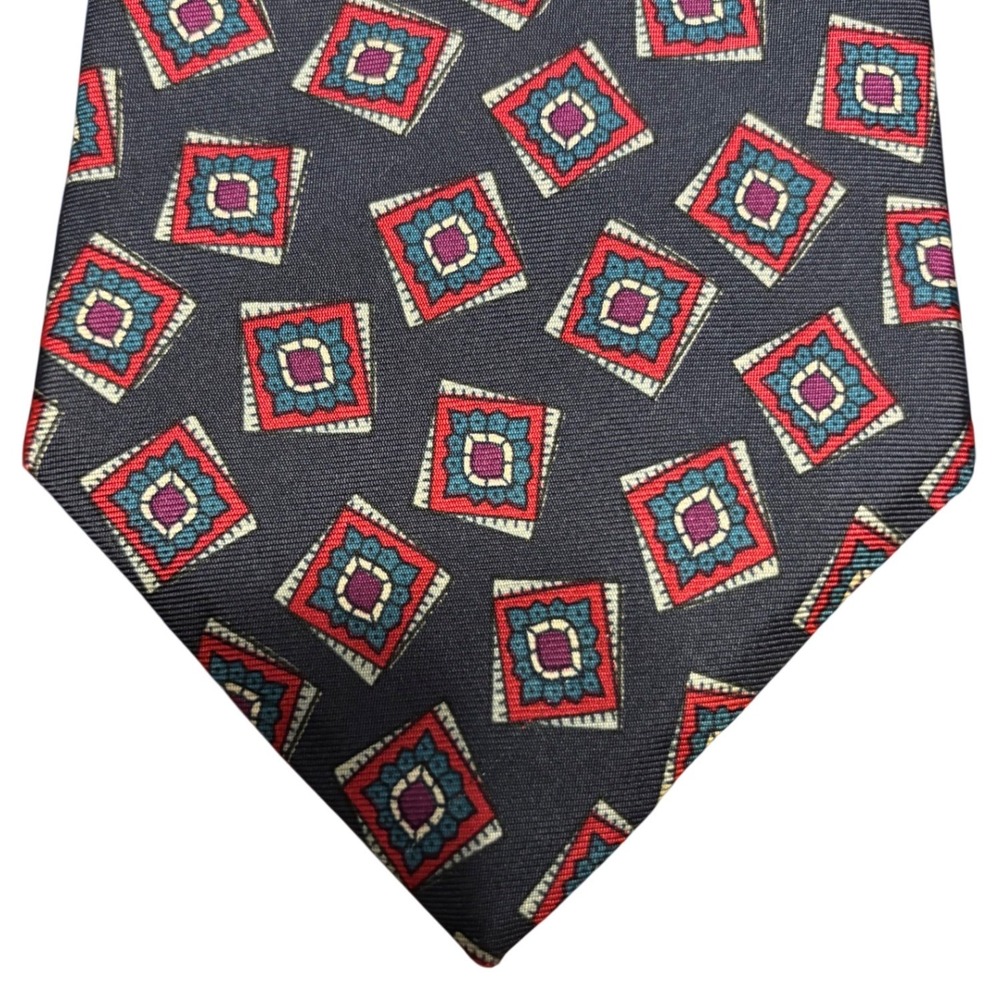 Oscar de la Renta Couture Collection Mens Silk Tie Navy Geometric Medallion USA